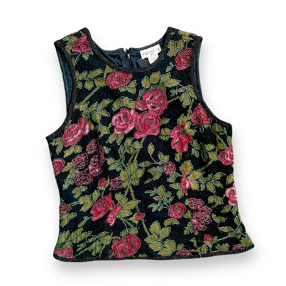 Paradise Vintage Black Silk Beaded Rose Floral Tank Top